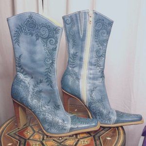 Steve Madden Brisa blue custom pyrographed henna style boots Size 6